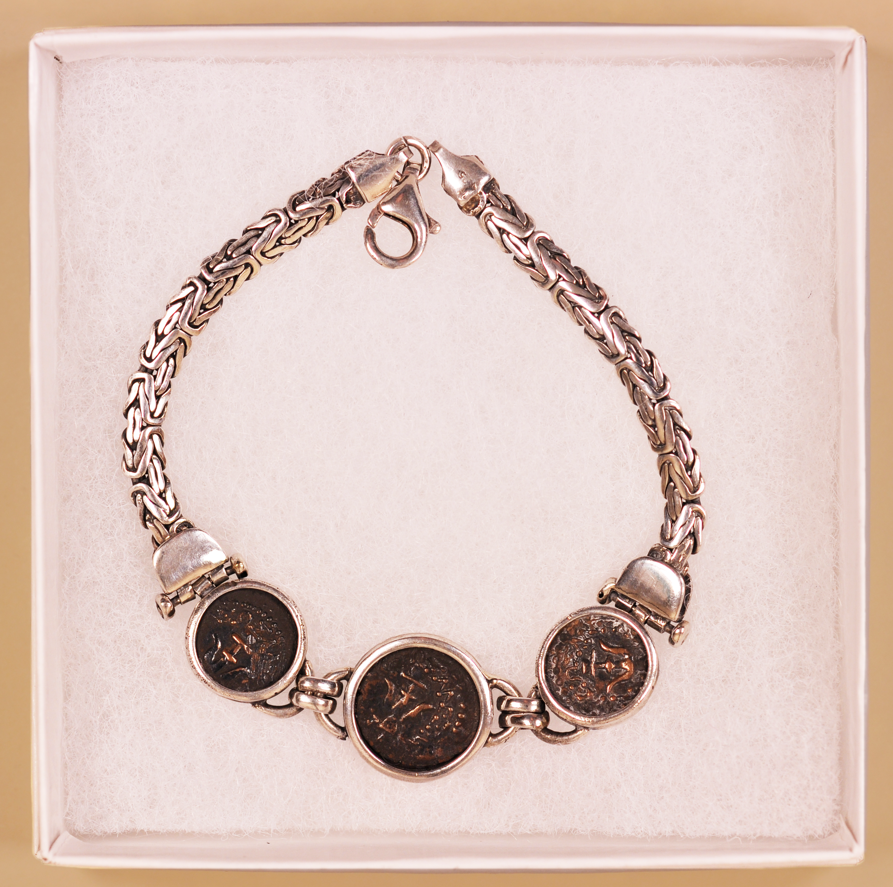 Silver Bracelet with 3 Authentic Widows Mite Biblical Coins (S-Bracelet 01)
