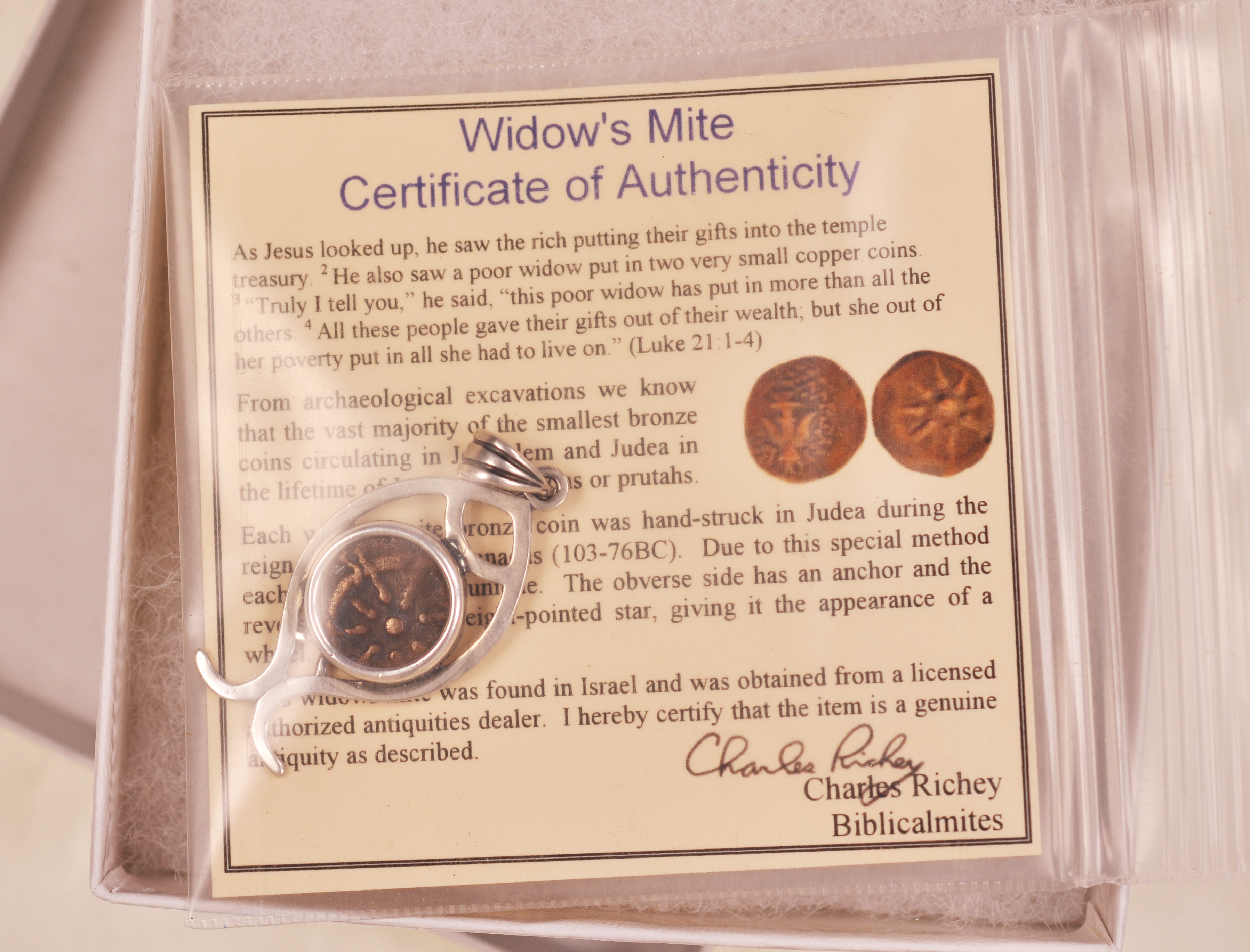 Authentic Widows Mite Biblical Coin mounted in Fish Bezel Pendant (S-Fish01)