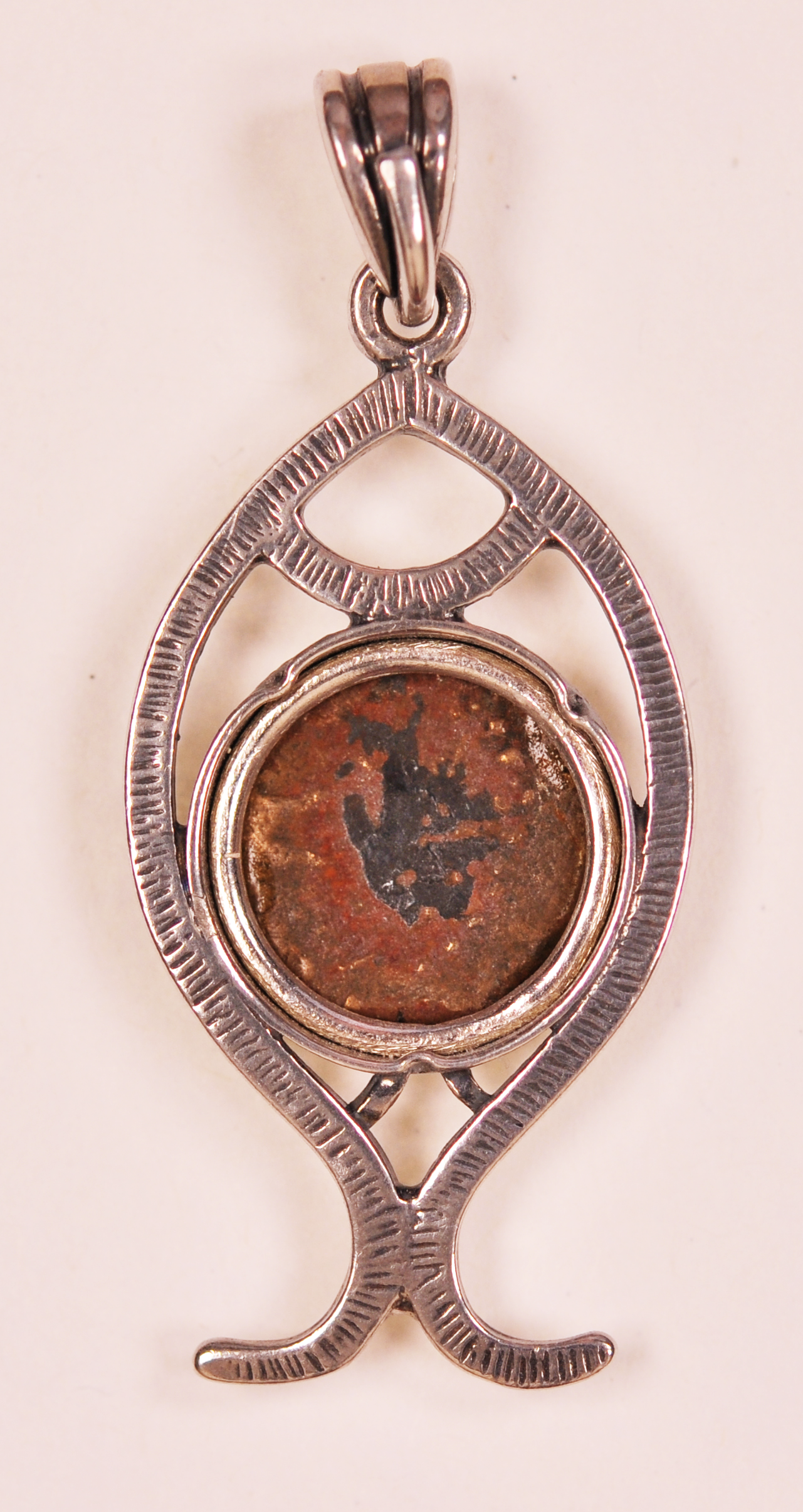 Authentic Widows Mite Biblical Coin mounted in Fish Bezel Pendant (S-Fish02)