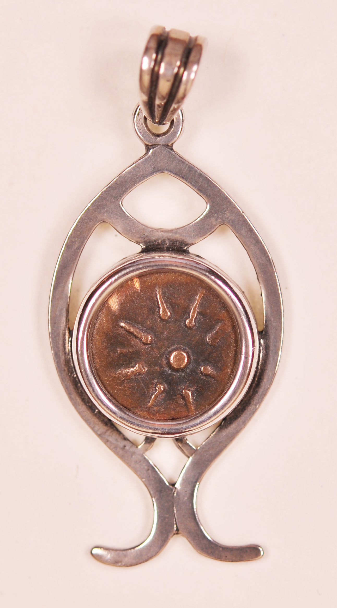 Authentic Widows Mite Biblical Coin mounted in Fish Bezel Pendant (S-Fish02)
