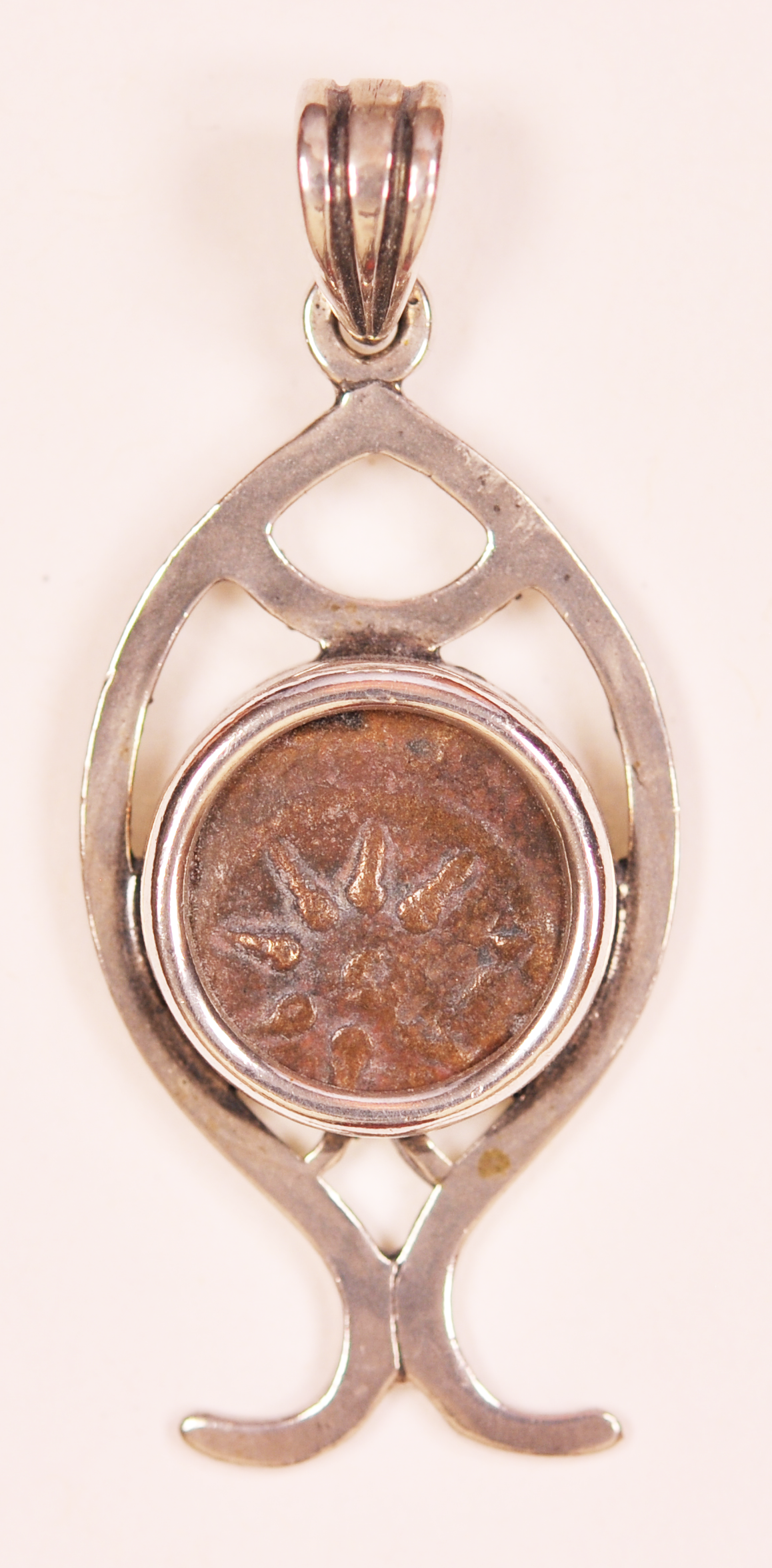 Authentic Widows Mite Biblical Coin mounted in Fish Bezel Pendant (S-Fish04)