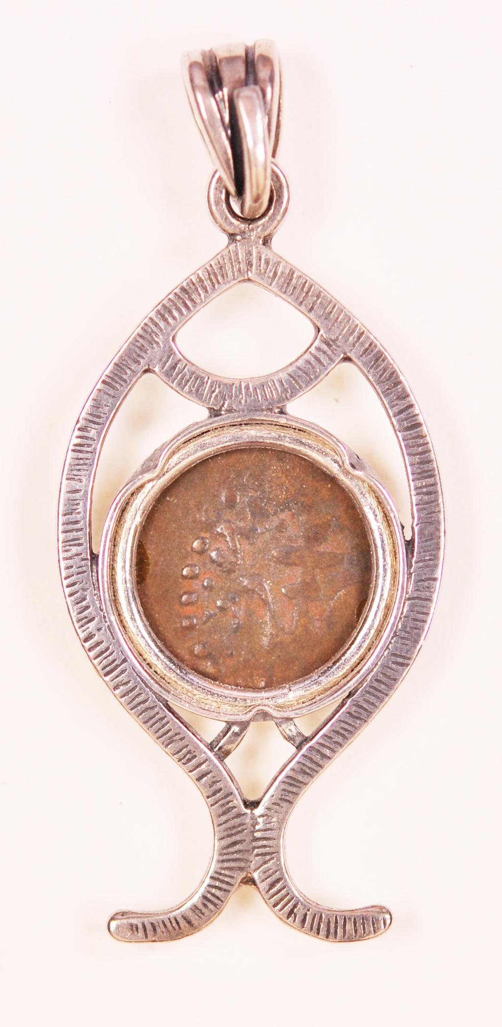 Authentic Widows Mite Biblical Coin mounted in Fish Bezel Pendant (S-Fish05)