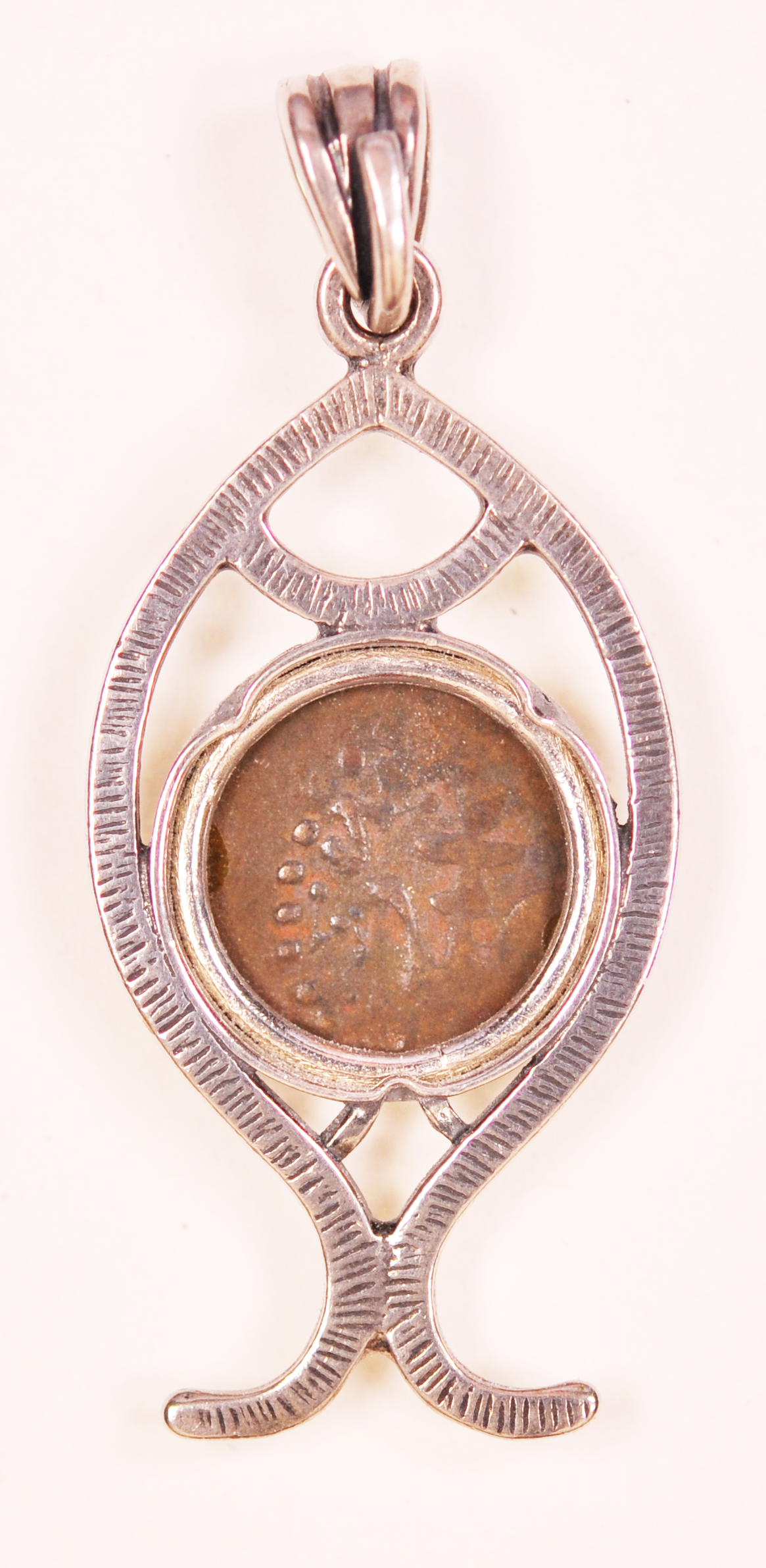Authentic Widows Mite Biblical Coin mounted in Fish Bezel Pendant (S-Fish05)