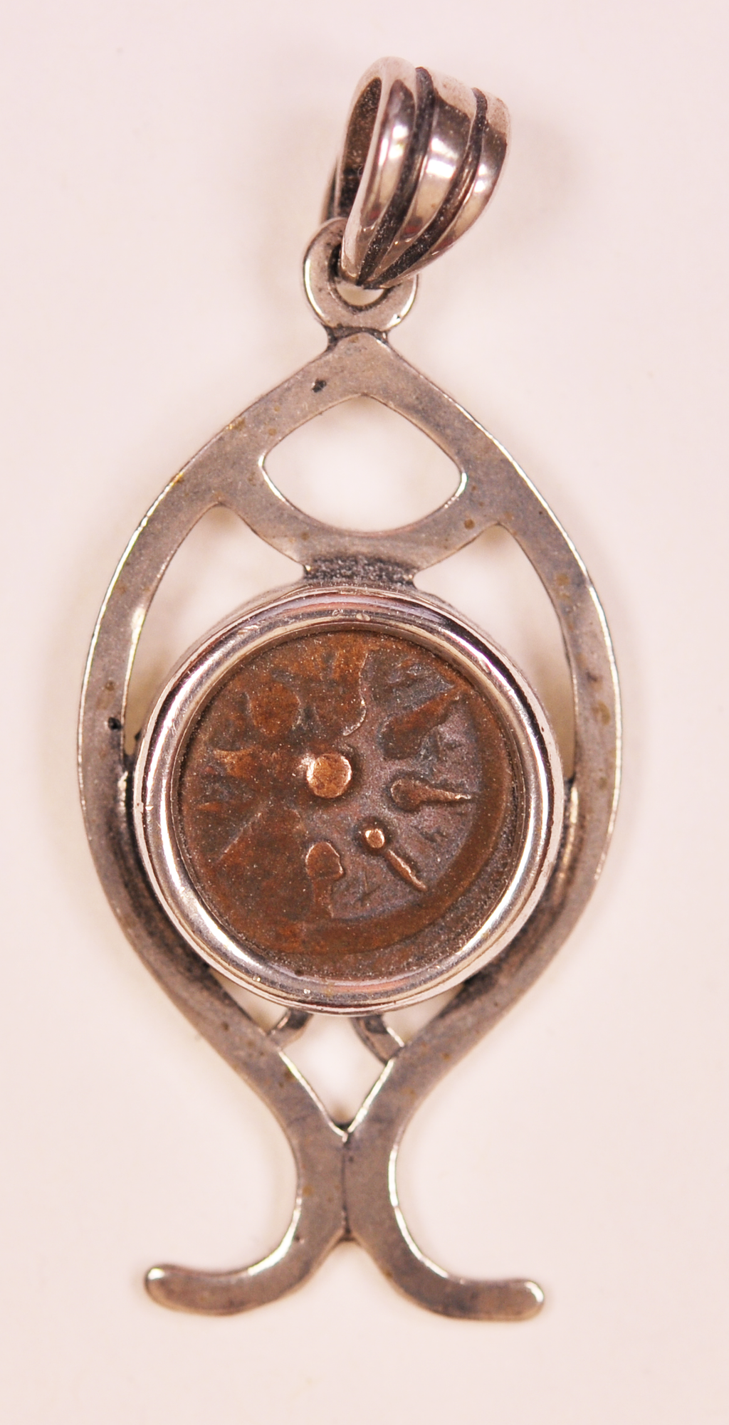 Authentic Widows Mite Biblical Coin mounted in Fish Bezel Pendant (S-Fish05)