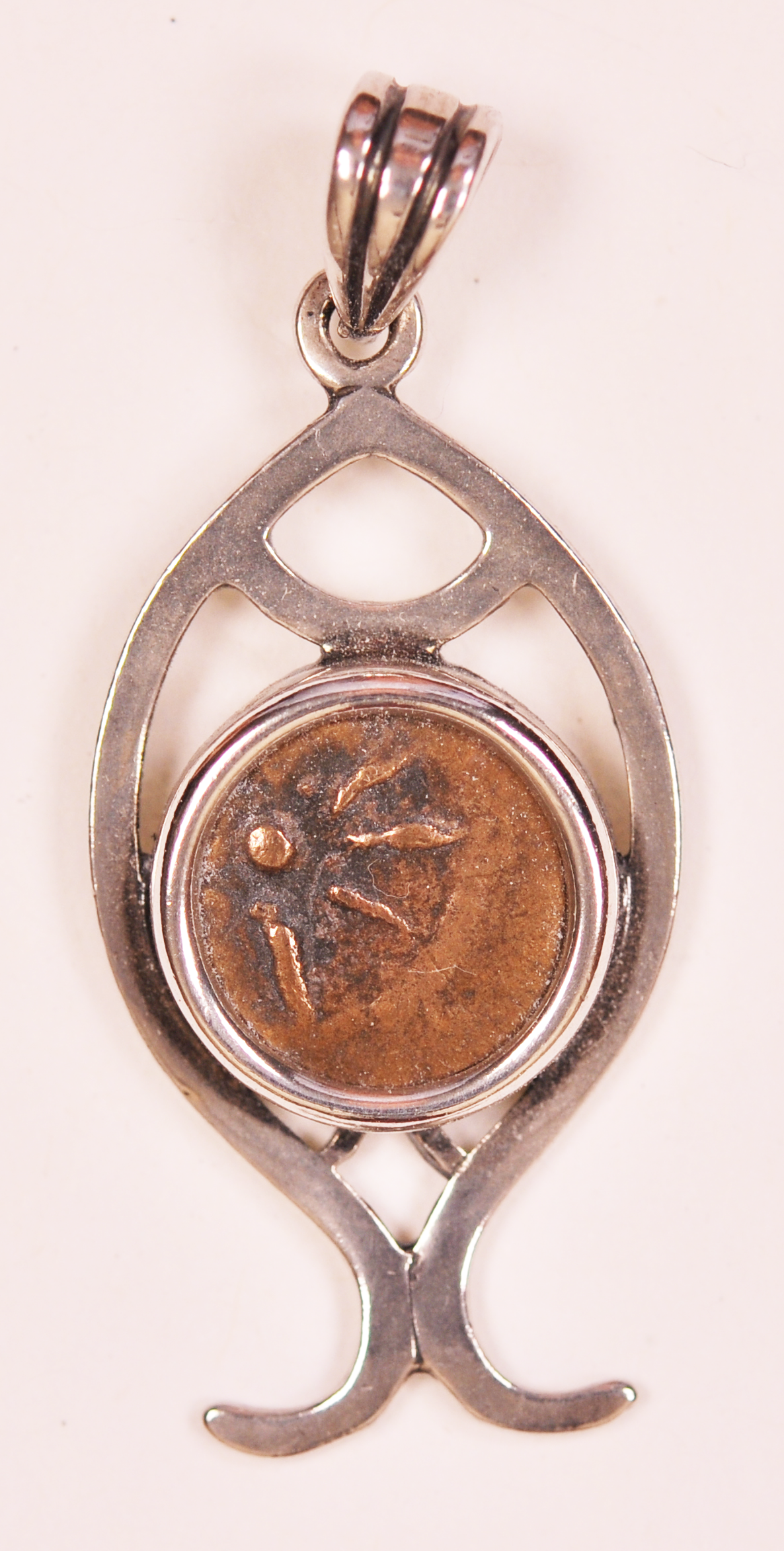 Authentic Widows Mite Biblical Coin mounted in Fish Bezel Pendant (S-Fish06)