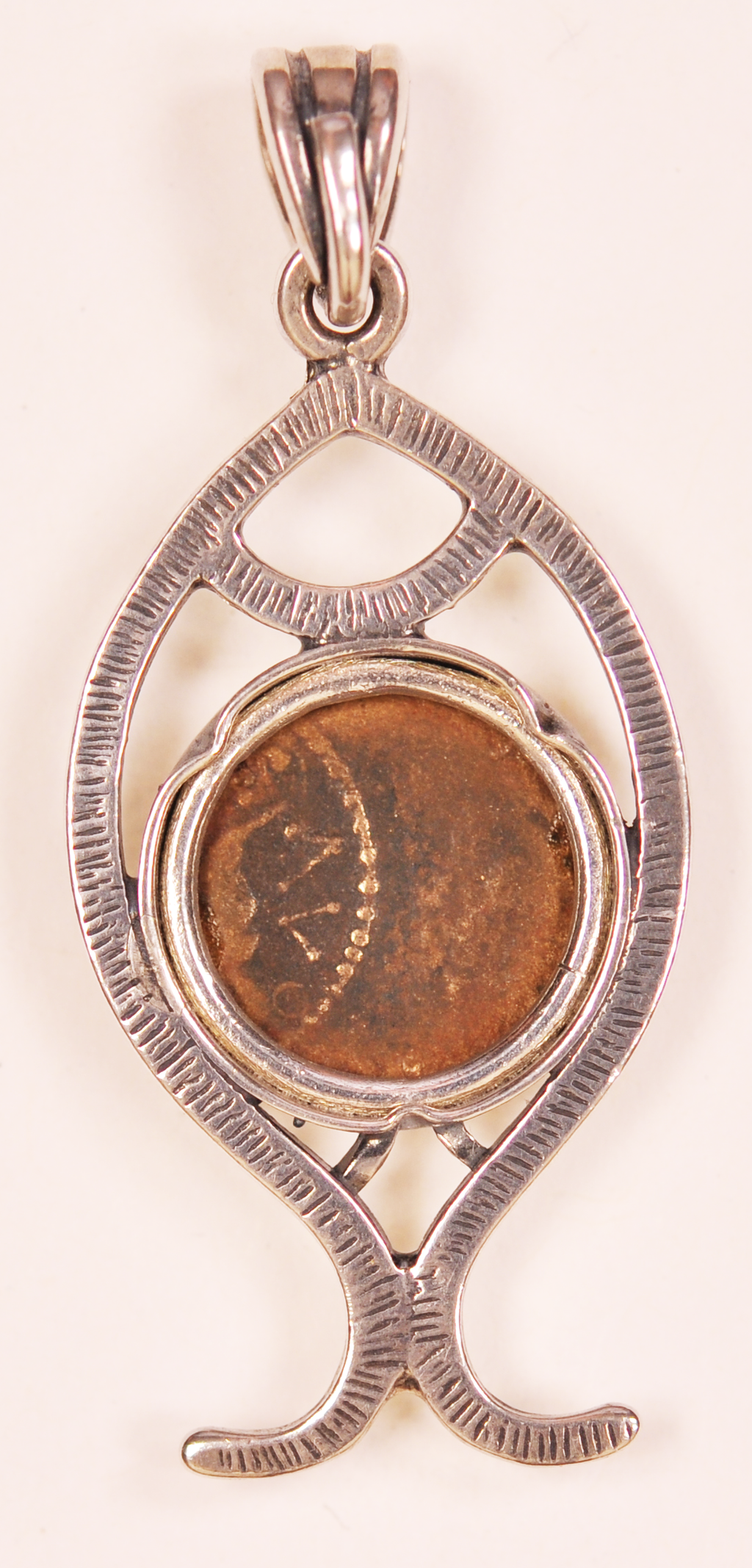 Authentic Widows Mite Biblical Coin mounted in Fish Bezel Pendant (S-Fish07)