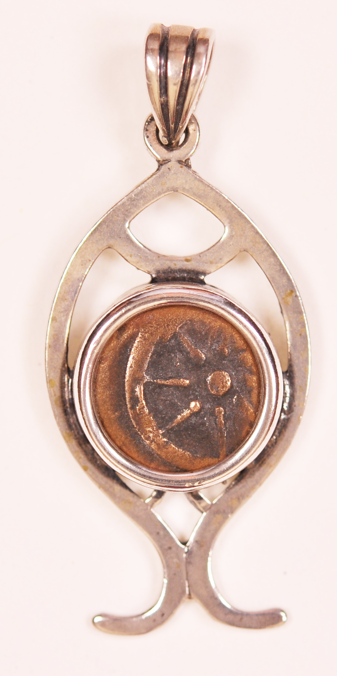 Authentic Widows Mite Biblical Coin mounted in Fish Bezel Pendant (S-Fish07)