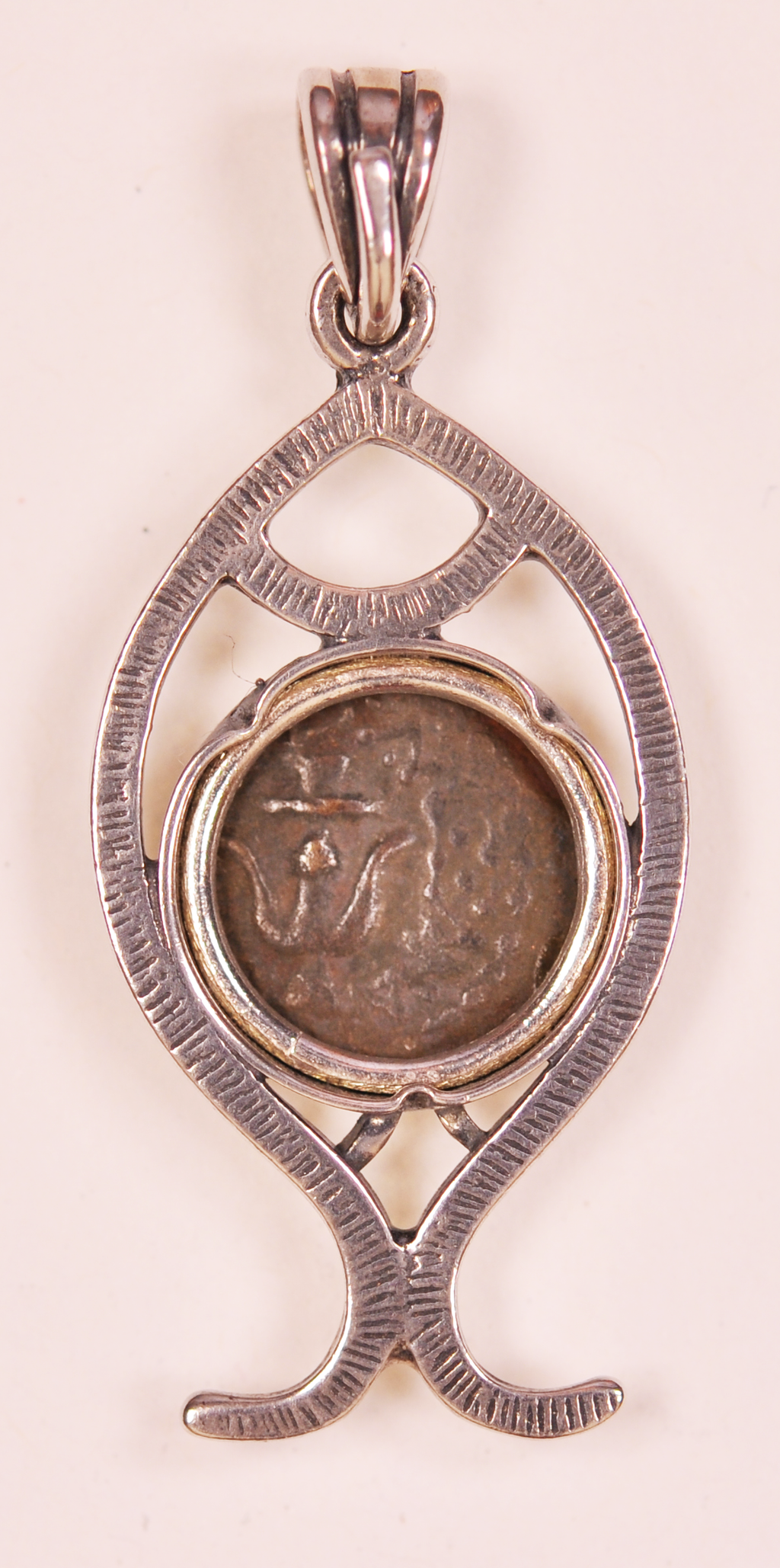 Authentic Widows Mite Biblical Coin mounted in Fish Bezel Pendant (S-Fish08)
