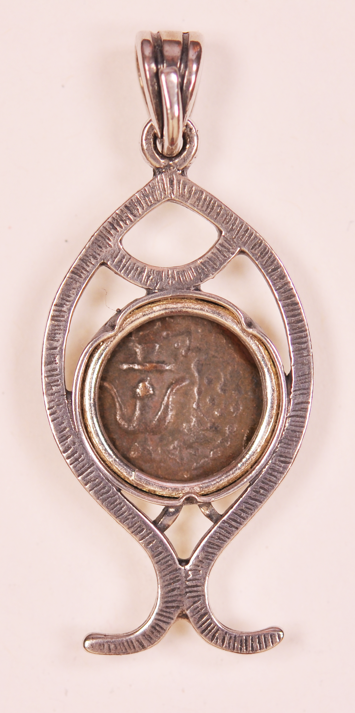Authentic Widows Mite Biblical Coin mounted in Fish Bezel Pendant (S-Fish08)