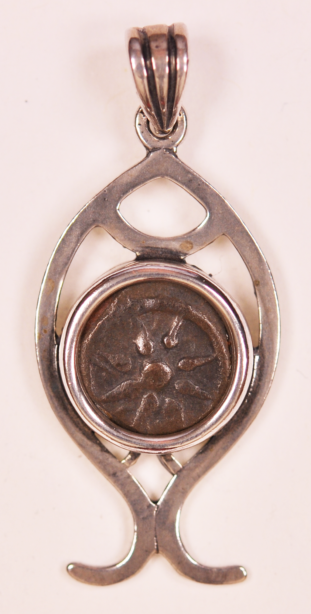 Authentic Widows Mite Biblical Coin mounted in Fish Bezel Pendant (S-Fish08)
