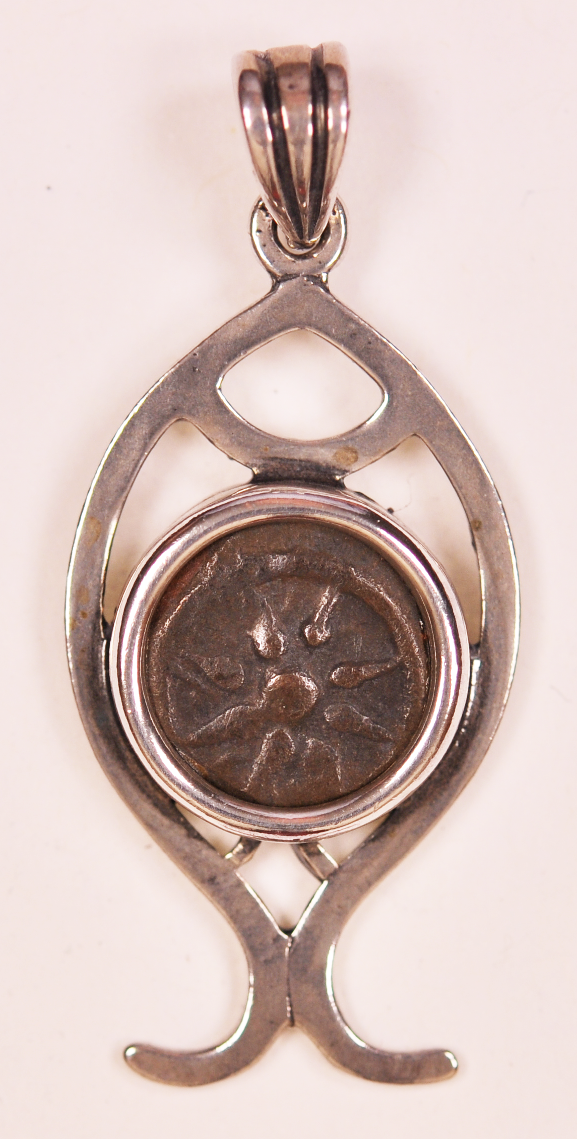 Authentic Widows Mite Biblical Coin mounted in Fish Bezel Pendant (S-Fish08)