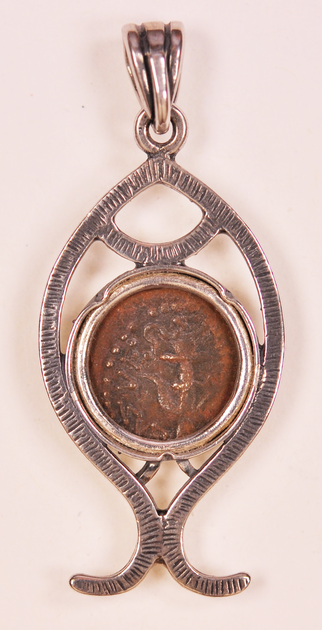 Authentic Widows Mite Biblical Coin mounted in Fish Bezel Pendant (S-Fish09)