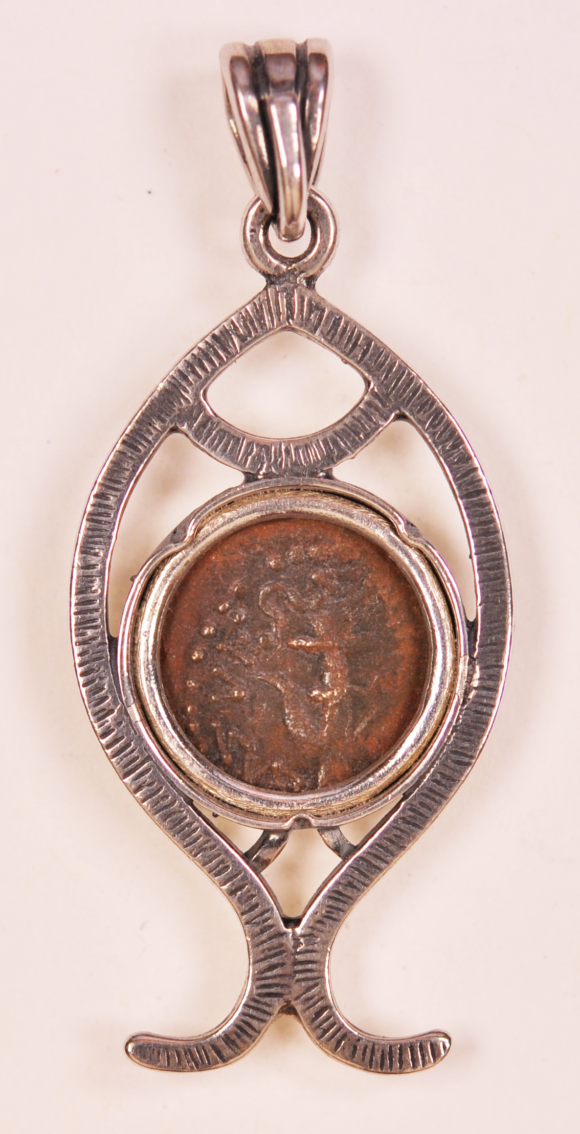 Authentic Widows Mite Biblical Coin mounted in Fish Bezel Pendant (S-Fish09)