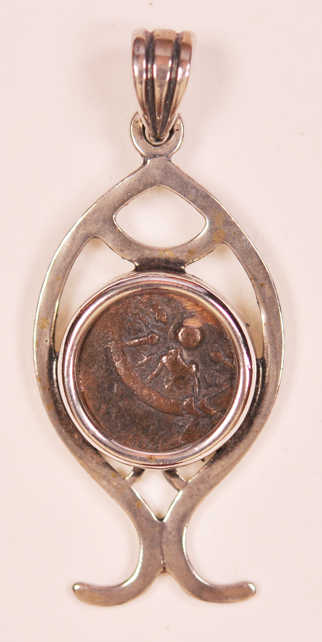 Authentic Widows Mite Biblical Coin mounted in Fish Bezel Pendant (S-Fish09)