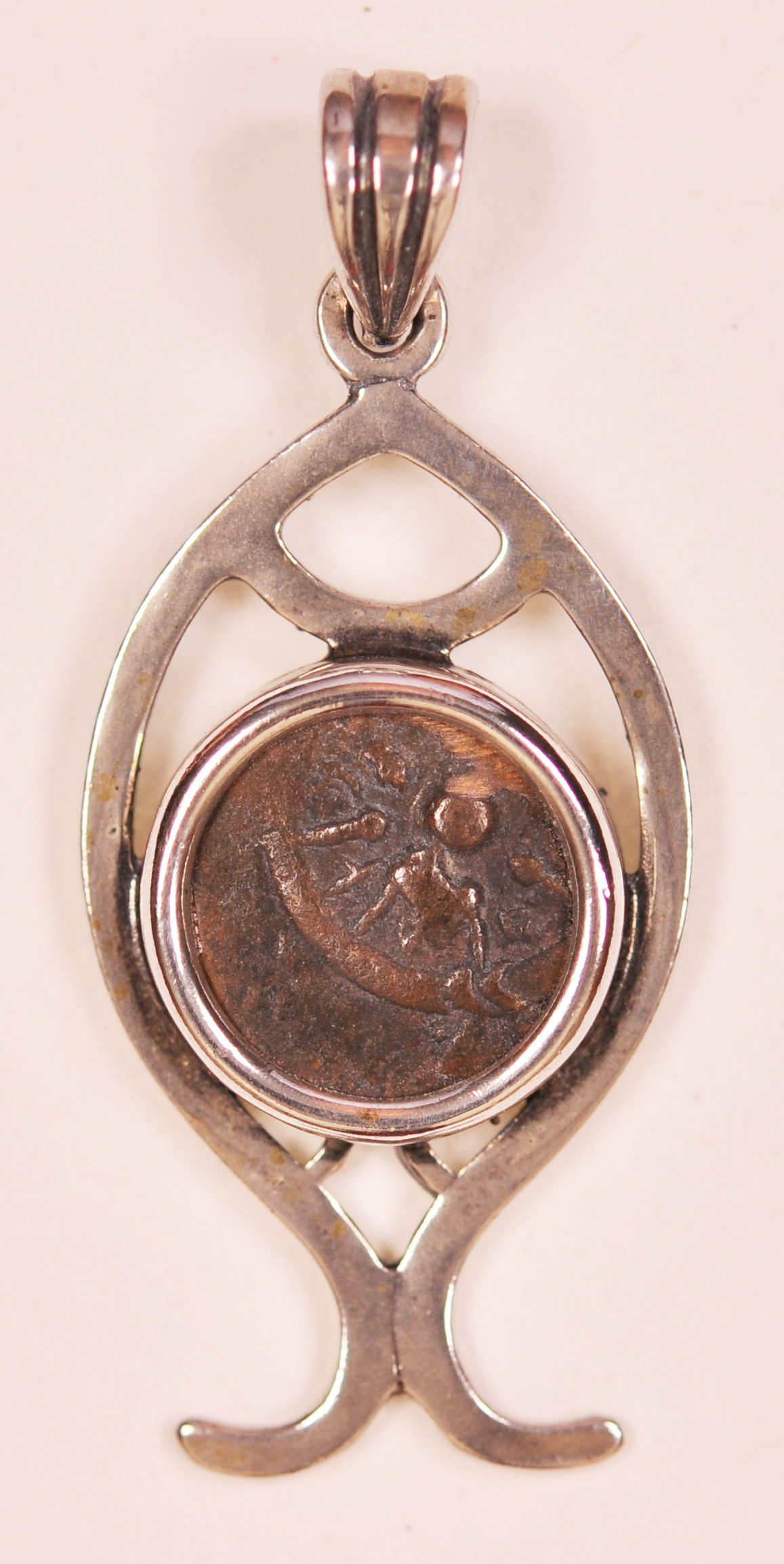 Authentic Widows Mite Biblical Coin mounted in Fish Bezel Pendant (S-Fish09)