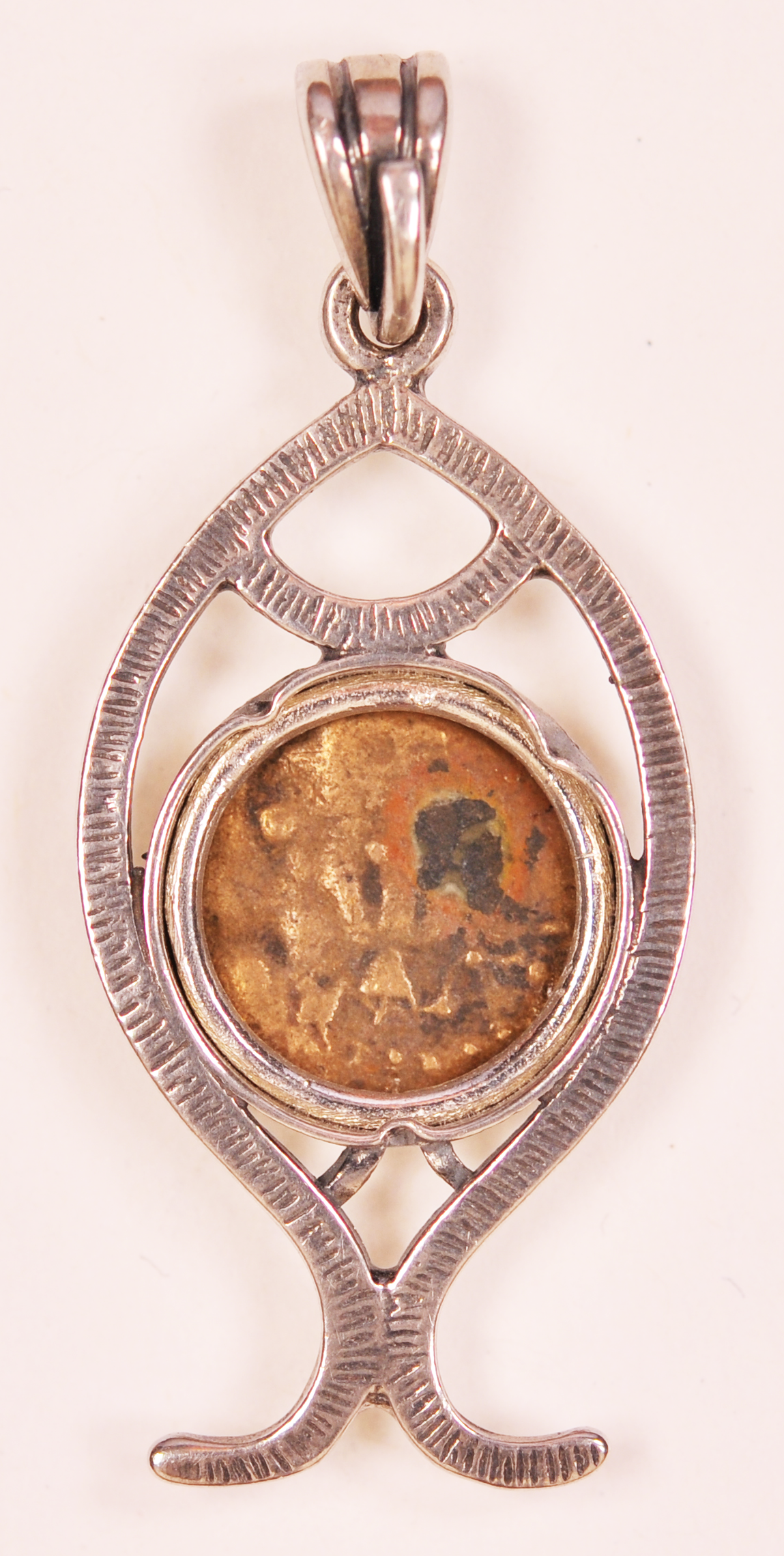 Authentic Widows Mite Biblical Coin mounted in Fish Bezel Pendant (S-Fish10)