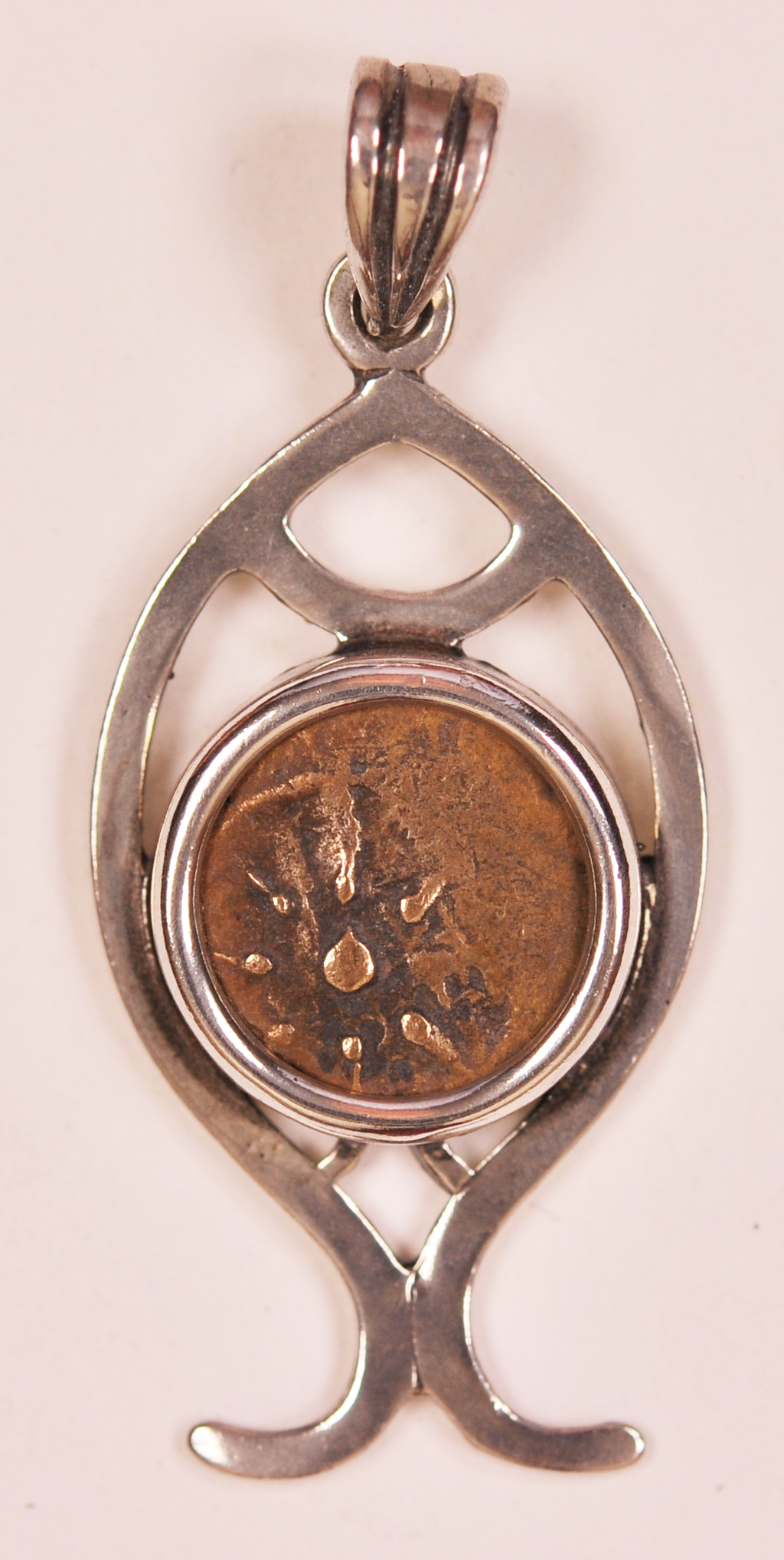Authentic Widows Mite Biblical Coin mounted in Fish Bezel Pendant (S-Fish10)