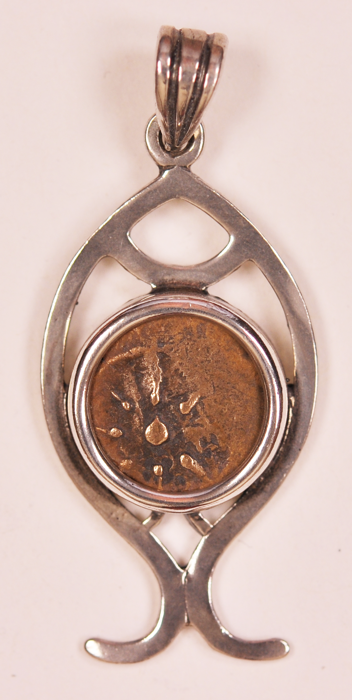 Authentic Widows Mite Biblical Coin mounted in Fish Bezel Pendant (S-Fish10)