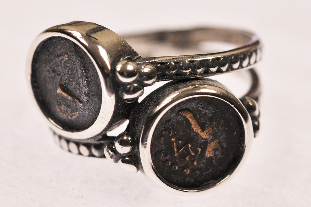 Two Authentic Widows Mites mounted in Lady's Silver Ring size 8-1/2 (S-R1)