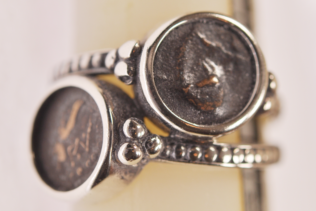Two Authentic Widows Mites mounted in Lady's Silver Ring size 8-1/2 (S-R1)