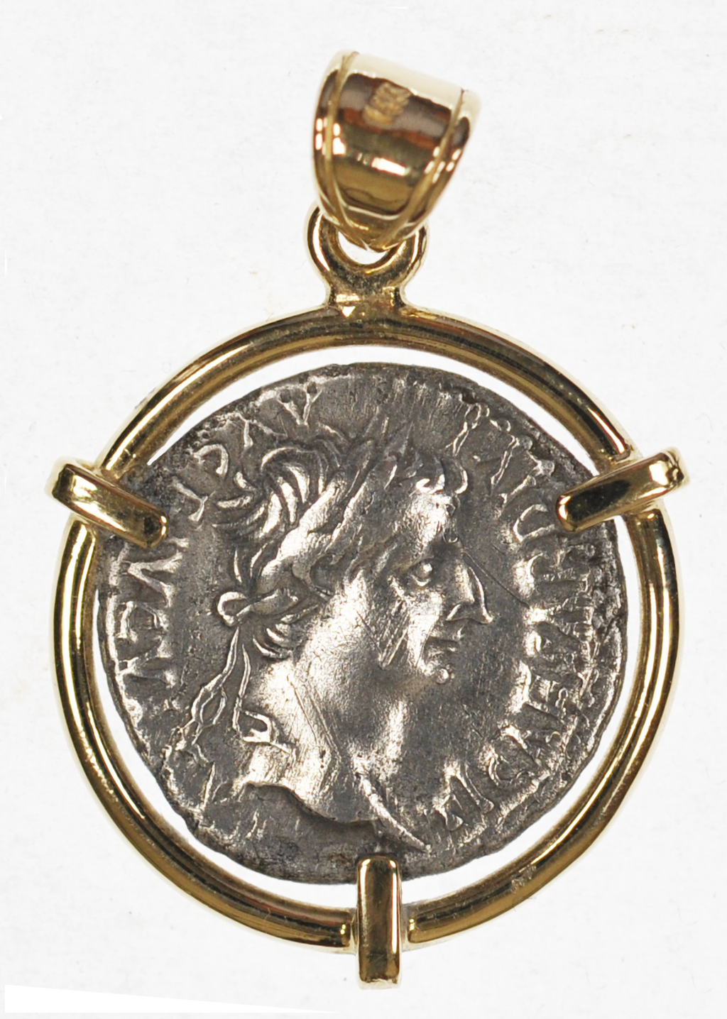 Tribute Penny Tiberius Denarius mounted in 14K Gold Bezel Pendant (TribPend14K)