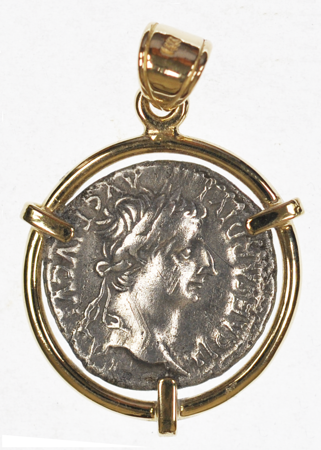 Tribute Penny Tiberius Denarius mounted in 14K Gold Bezel Pendant (TribPend14K)