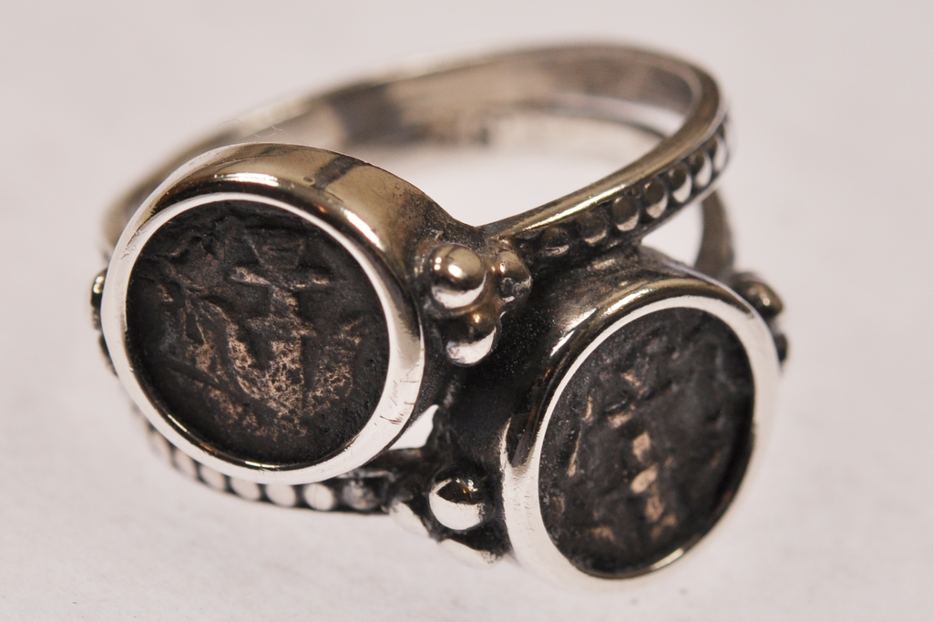 Two Authentic Widows Mites mounted in Lady's Silver Ring size 8-1/2 (S-R2)