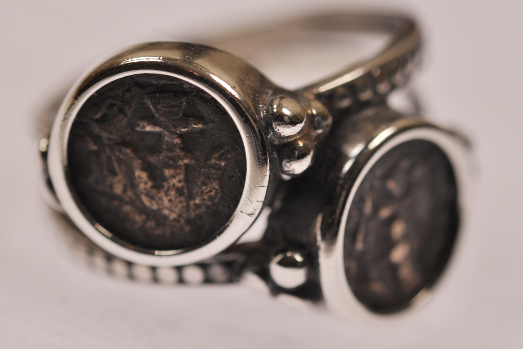 Two Authentic Widows Mites mounted in Lady's Silver Ring size 8-1/2 (S-R2)